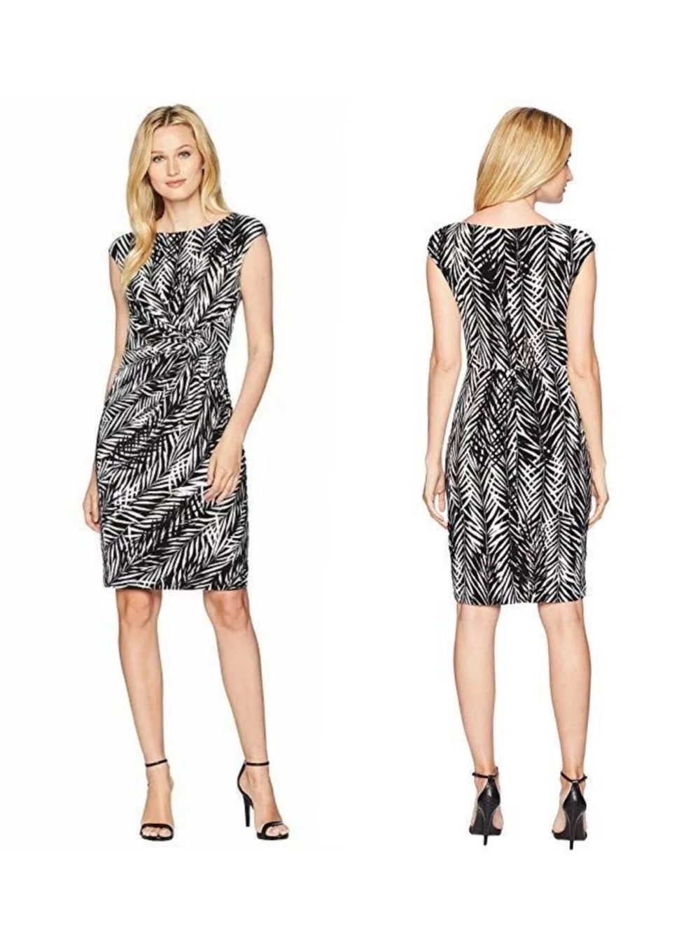 Ralph Lauren Black and White Leaf-Print Midi Dress